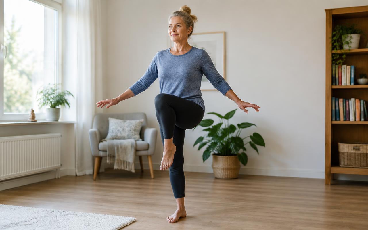 A mature woman practicing a single-leg balance exercise at home