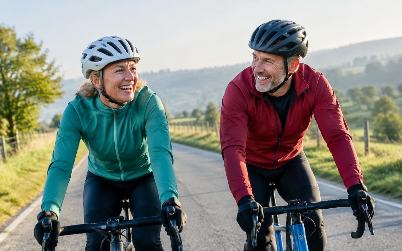 A middle-aged couple laughing while cycling on a country road