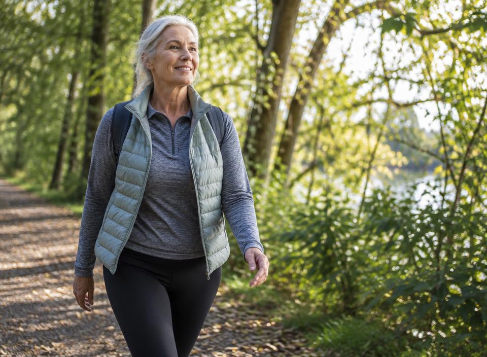 An older woman enjoying a walk on a wooded trail