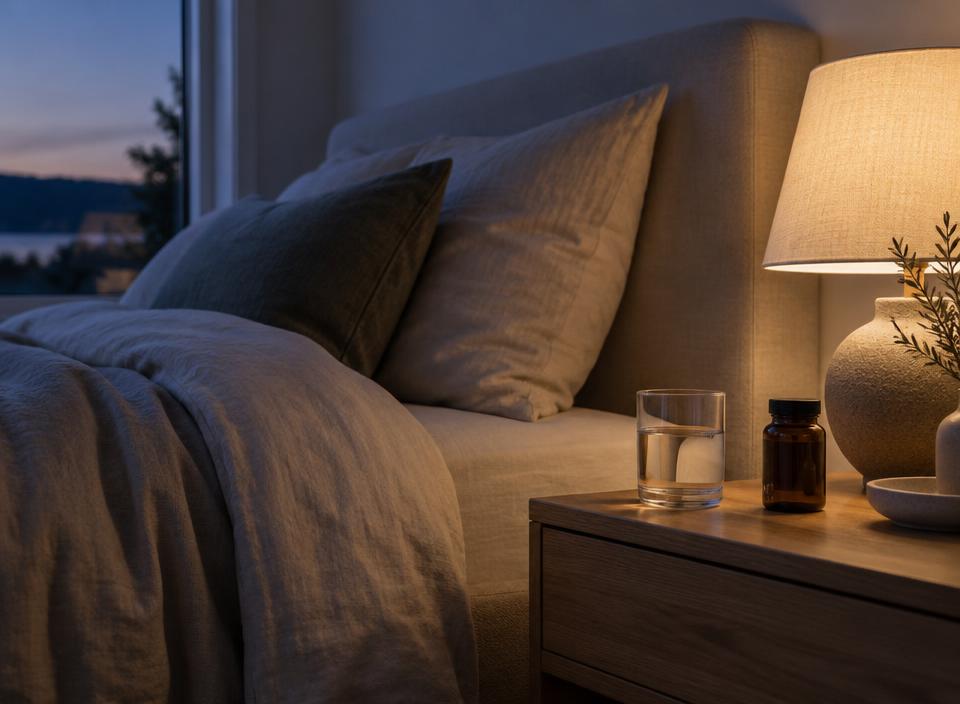 A calm bedroom at dusk with water on a bedside table